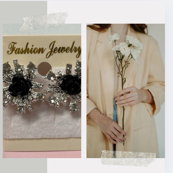 Black Rose Silver Rhinestone Stud Earrings - Picture 1 of 9